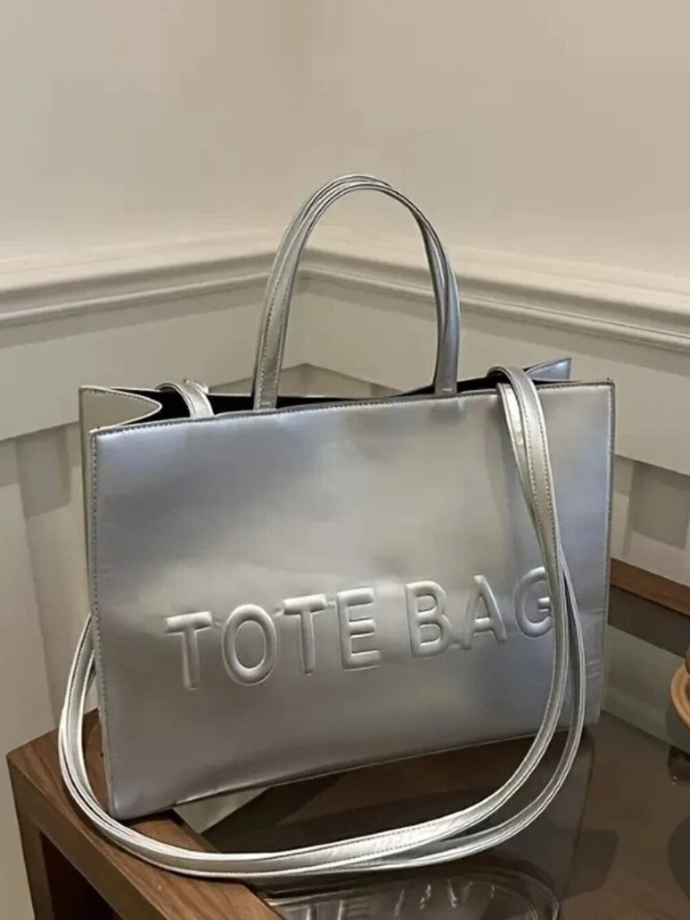 Silver Embossed TOTE BAG Handbag - Vegan Leather Shoulder Bag for Women
